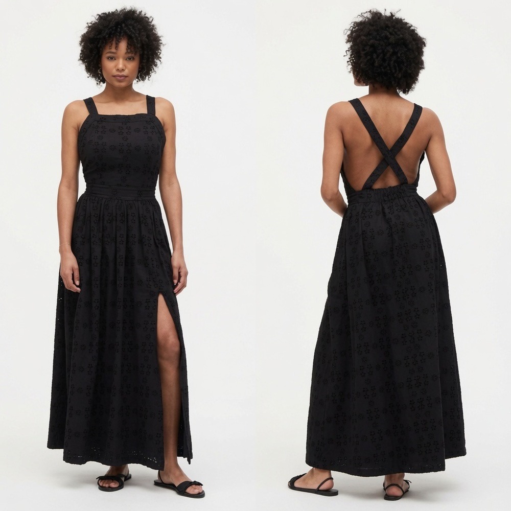Black Eyelet Maxi Dress with Cross-Back Straps NWT